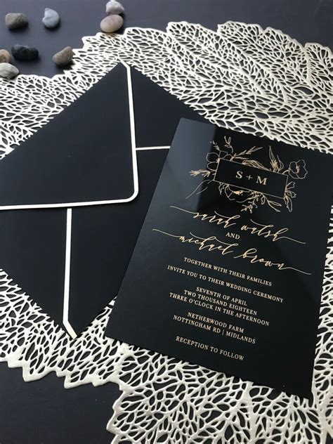 Black Acrylic Gold WEDDING INVITATION Clear Perspex Modern Etsy