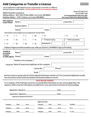 Fillable Online Nmda Nmsu Add Categories Or Transfer A License Fax