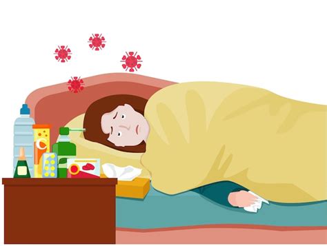 Premium Vector A Sick Woman In Bed With Symptoms Of A Cold Flu