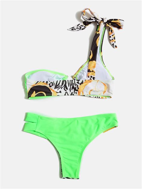 Emmiol Free Shipping Leopard Print Contrast Bikini Set Green M In