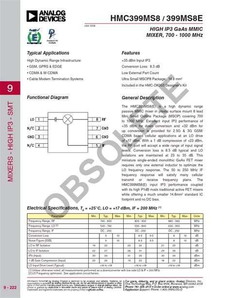 HMC399MS8E Datasheet PDF HIGH IP3 GaAs MMIC MIXER