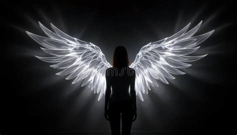 Woman Silhouette Glowing Angel Wings Backlit By Light Stock