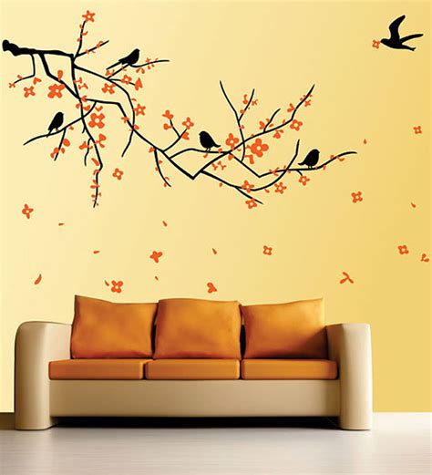 Buy WallTola PVC Vinyl Nature Black Branch with Flowers Wall Sticker ...