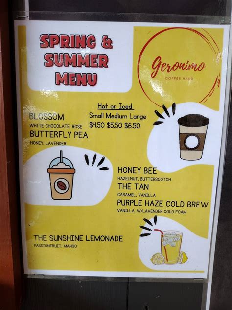 Menu at Geronimo Coffee Haus, Seguin