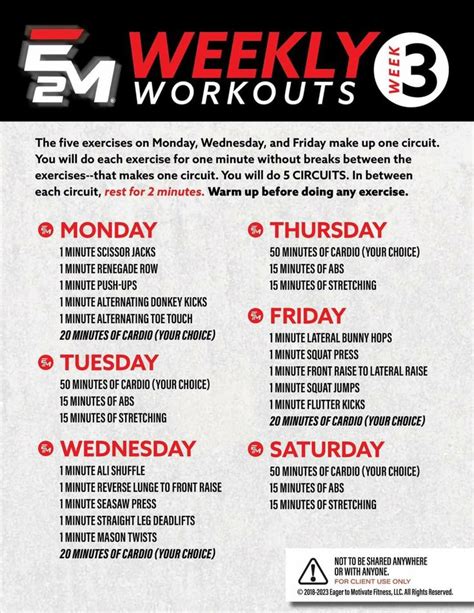 The Week Workout Plan Is Shown In Red And Black With Instructions