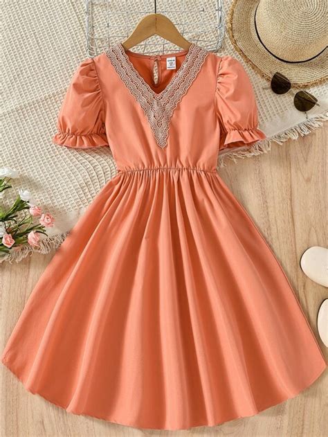 Girls Contrast Guipure Lace Puff Sleeve Dress Shein Usa