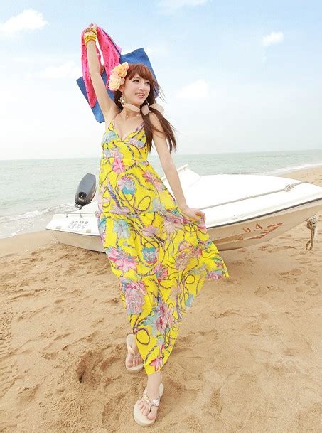 Korean Bohemian Flowers Pattern Straps Silk Yellow Maxi Dress