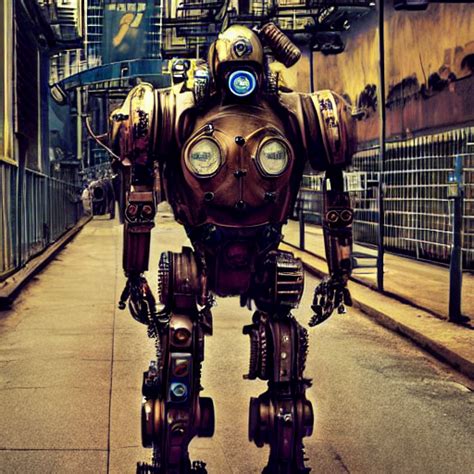 Krea Ai Real Steampunk Mech Suit With Cyberpunk Background