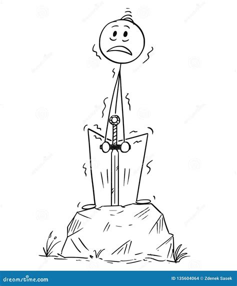 Cartoon Of Man Or Businessman Trying To Pull The Excalibur Sword From