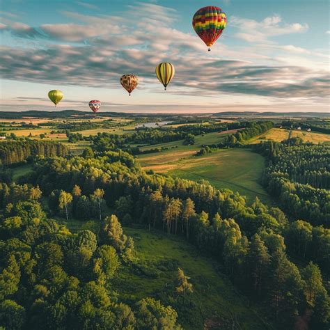 Premium Photo Lush Green Field With Hot Air Balloons Flying Over