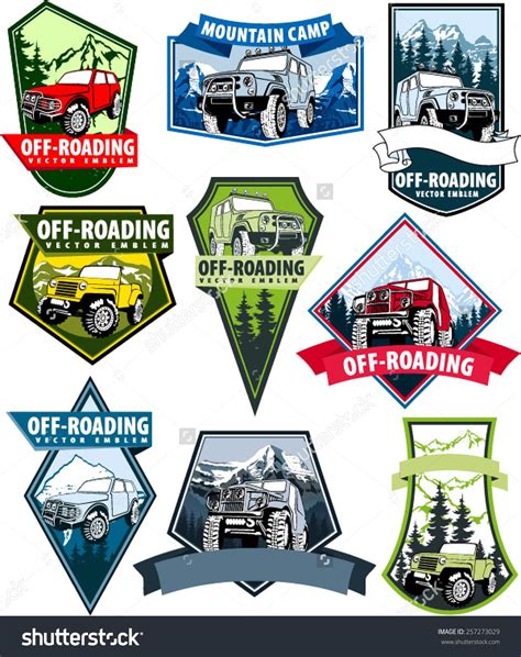 Set Of Vector Emblems With 4x4 Vehicle Off Road Car And Mountains Off