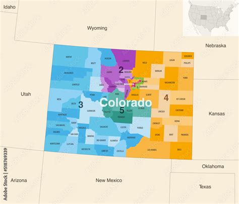 Colorado State Counties Colored By Congressional Districts Vector Map With Neighbouring States