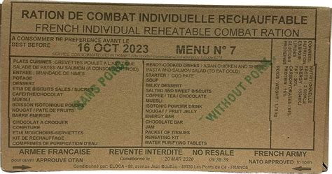 Pack de rations MRE 24h de l armée française menu 7 Amazon fr