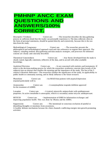 Pmhnp Ancc Exam Questions And Answers 100 Correct 2023 2024 Exams Nursing Docsity