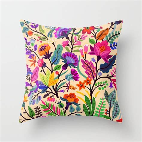 Bright Colorful Flowers And Tropic Leaves Trendy Folk Style Floral Pattern Throw Pillow By