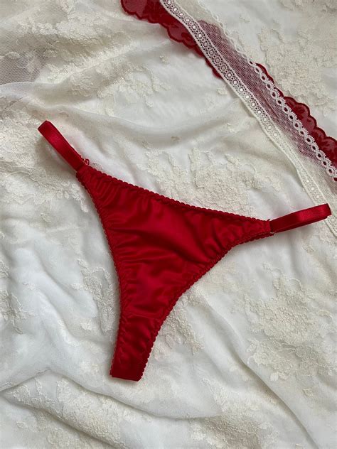 Red Satin Lace Thong Mid Rise Thong Retrouvaille Handmade Lingerie Etsy