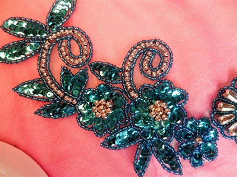 Sequin Appliques Turquoise Silver Beaded Accents Mirror Pair Flower Floral