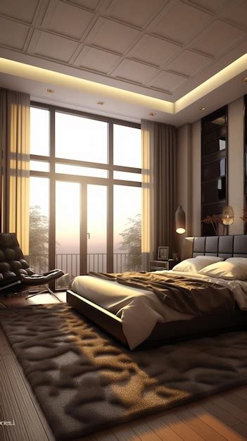 Premium Ai Image A Bedroom With A Large Window That Has A View Of The