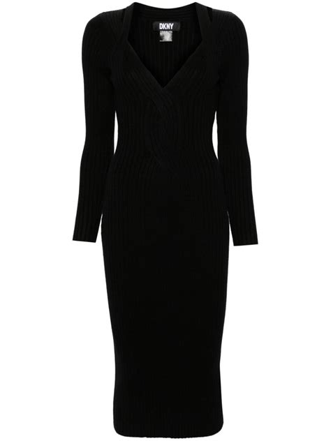 Dkny V Neck Ribbed Midi Dress Black Farfetch Uk