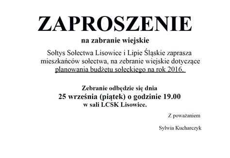 Zaproszenie Na Zebranie Wiejskie Lisowice