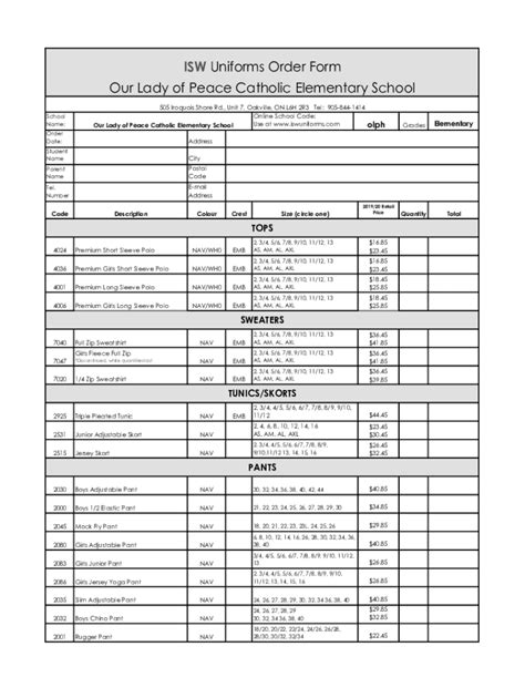 Fillable Online Elem Hcdsb Our Lady Of Peace Oak Isw Order Form Pdf Fax