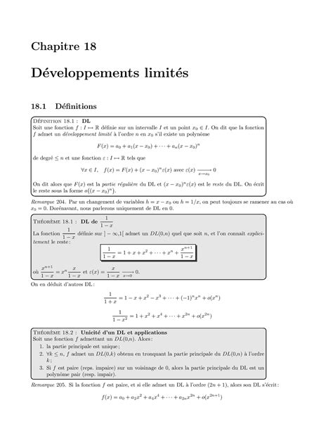 Developpements Limites Chapitre 18 D ́eveloppements Limit ́es 18 D ́efinitions D ́efinition 18