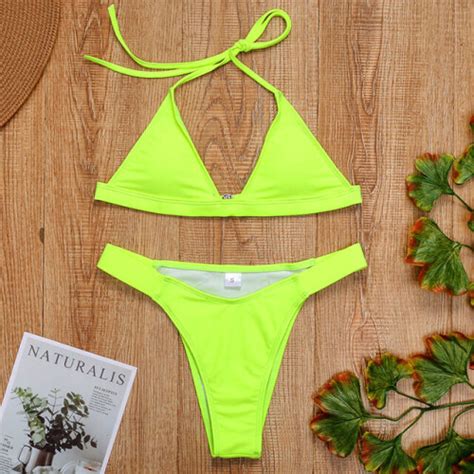 Neon Green Brazilian Bikini Female Swimsuit Women Swimwear Two Pieces Bikini Set Halter Sexy