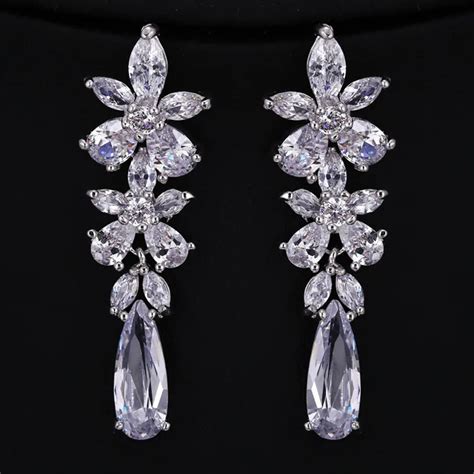 J Store Romantic Silver Color Drop Zirconia Dangle Earrings For Women Cubic Zirconia Long