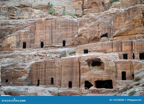 Caves In Petra Jordan Ancient Nabatean City In Red Natural Rock And