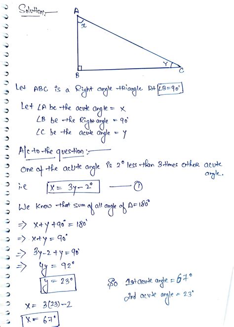 Solved In A Right Triangle One Of The Acute Angles Is 2 Degrees Less Than Course Hero