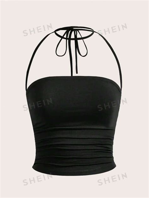 SHEIN EZwear Solid Ruched Halter Tight Black Top SHEIN USA