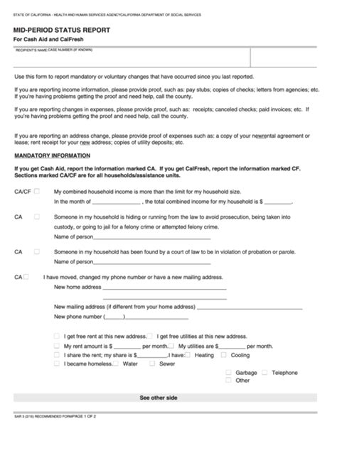 Fillable Form Sar 3 Mid Period Status Report For Cash Aid And Calfresh Printable Pdf Download