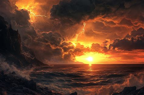 lightning storm glowing seascape breathtaking view royalty