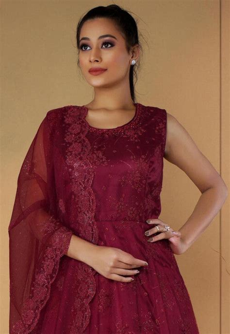 Buy Embroidered Net Abaya Style Suit In Maroon Online Kej Utsav