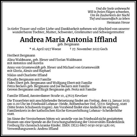 Traueranzeigen Von Andrea Maria Antonia Iffland Wirtrauern