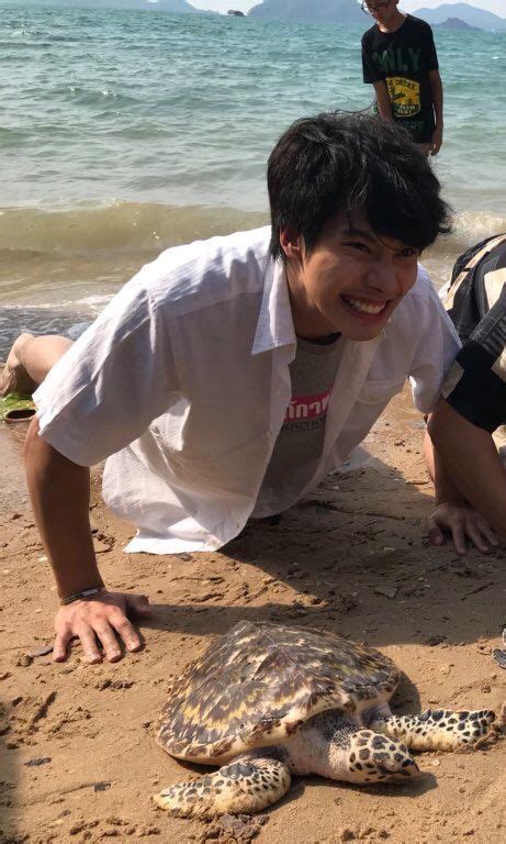 A Man Kneeling Down Next To A Turtle On The Beach