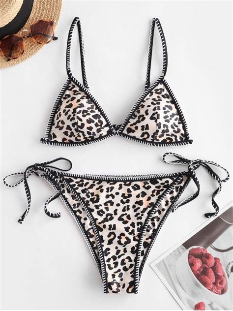 Off Zaful Leopard Snakeskin Whip Stitch Tie String Bikini