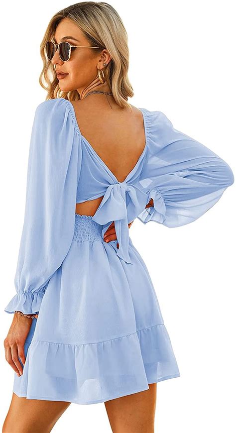 EXLURA Women Tie Back Long Lantern Sleeve Square Neck Ruffle Dress