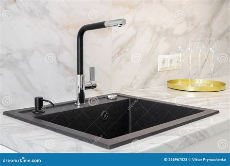 Faucet and Granite Sink in the Kitchen Stock Photo - Image of hygiene ...