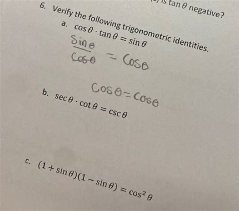 tan θ tan θ negative a cos θ tan θ sin θ 5 Verify the following