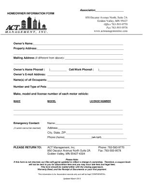 Fillable Online Association HOMEOWNER INFORMATION FORM Fax Email Print