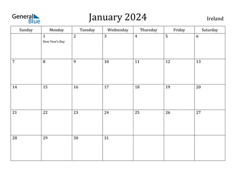 Ireland January 2024 Calendar with Holidays