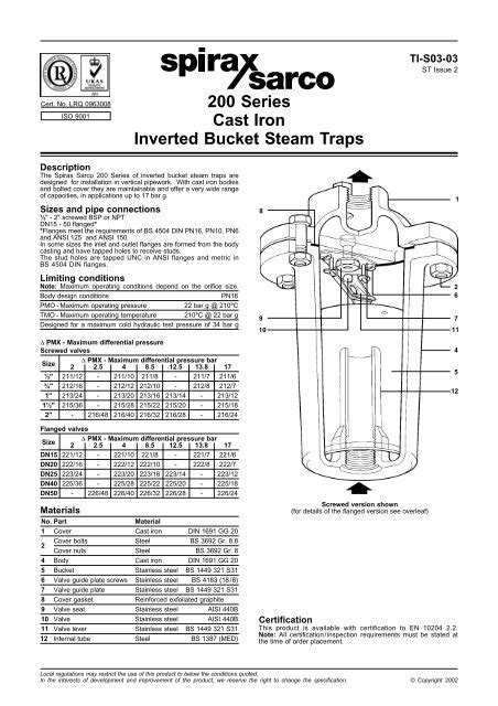 200 Series Cast Iron Inverted Bucket Steam Traps Spirax Sarco