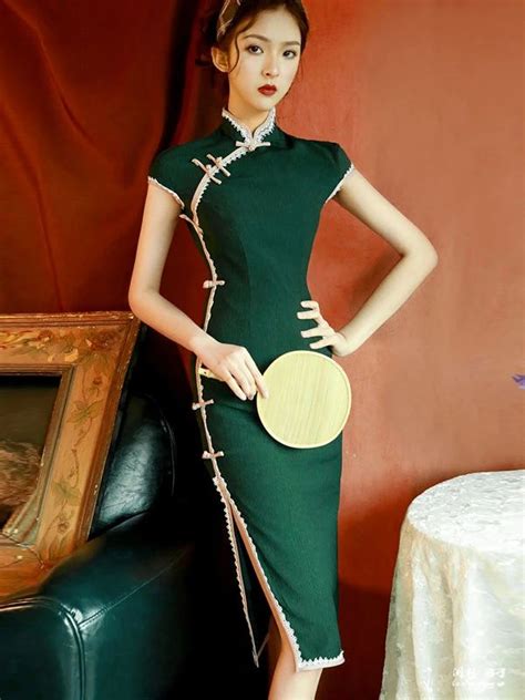 Green Midi Modern Qipao Cheongsam Dress With Lace Trim Cheongsam