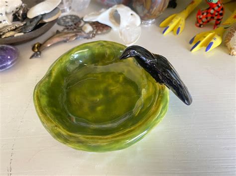 Handmade Ceramic Crow Trinket Dish Green Featuring One Crow Please Read