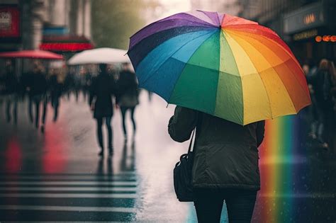 Premium Ai Image Person With Rainbow Umbrella Crossing Busy Street In