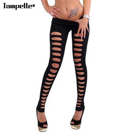 Women Fashion Hole Leggings Black Skinny Hollow Ripped Hole Cut Out