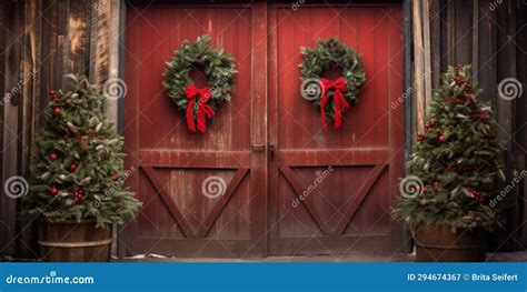 Red Vintage Rustic Barn Door Backdrop For Photography Christmas Trees