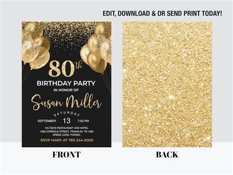 80th Birthday Invitation Eighty Party Black Gold Glitter Sparkle