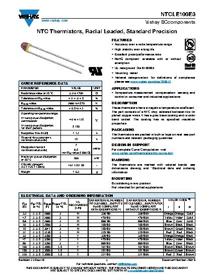 NTCLE100E3151JB0 Datasheet Thermistor NTC 150 Ohm NTCLE Series